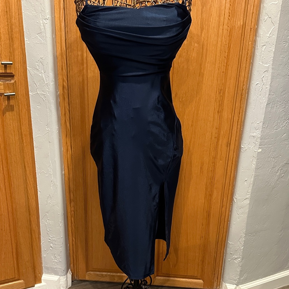 Elegant Navy Blue silhouette cocktail dress. Spaghetti straps. Midi